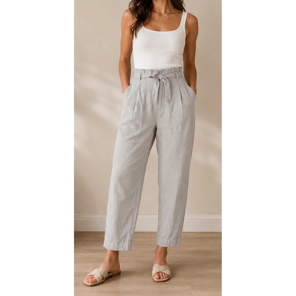 Ellen Tracy Linen Paperbag Waist Pants Silver Cloud‎ Grey High Rise Large NEW